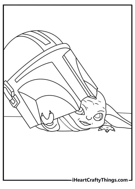 Printable Star Wars coloring page with Grogu beside the Mandalorian helmet