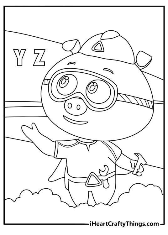 Printable Super Why coloring page showing Alpha Pig searching for the correct letter