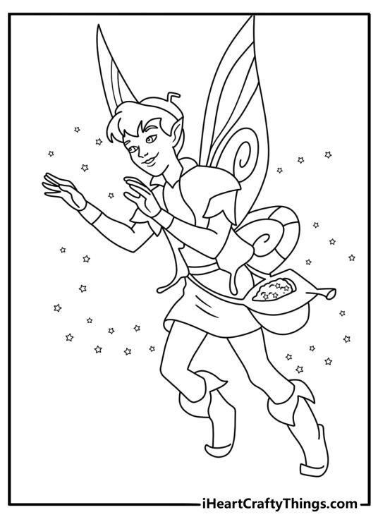 Printable Tinker Bell coloring page with Terence carrying fairy dust