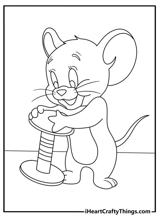 Printable Tom and Jerry coloring page of Jerry rolling a spool across the floor
