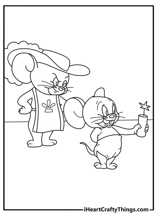 Printable Tom and Jerry coloring page of Tuffy holding a cracker beside Jerry