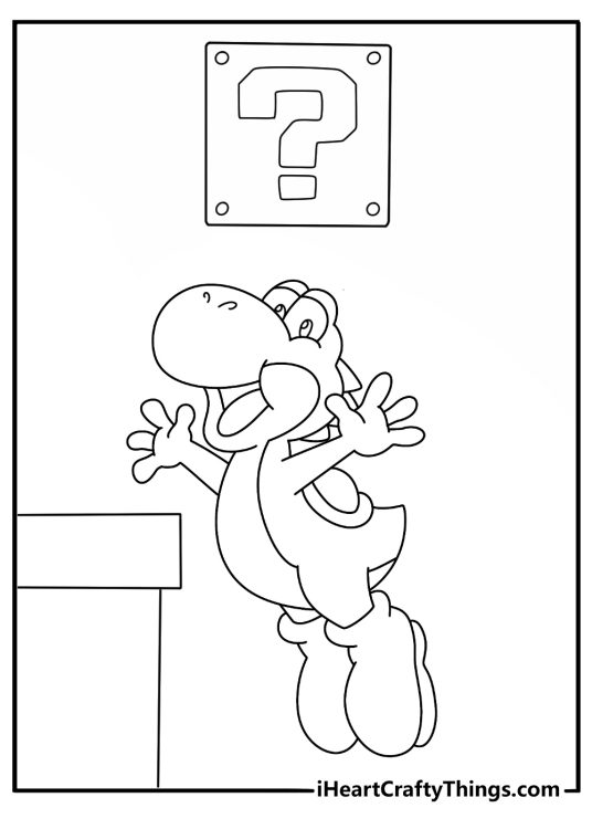 Printable Yoshi coloring page with a warp pipe and question block