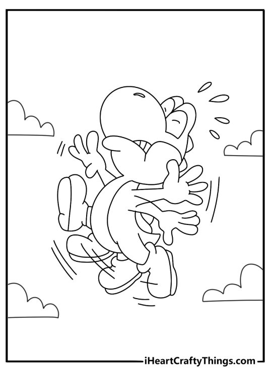 Printable Yoshi page with a flutter jump above small clouds