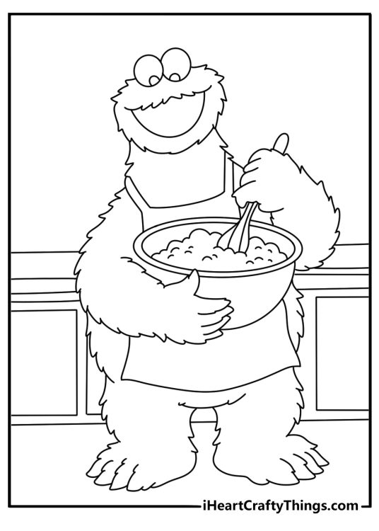 Printable character coloring page showing Cookie Monster mixing cookie dough