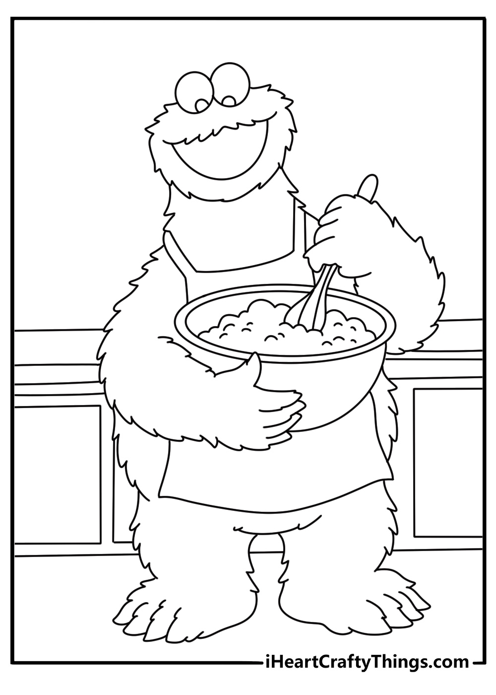 Printable character coloring page showing Cookie Monster mixing cookie dough