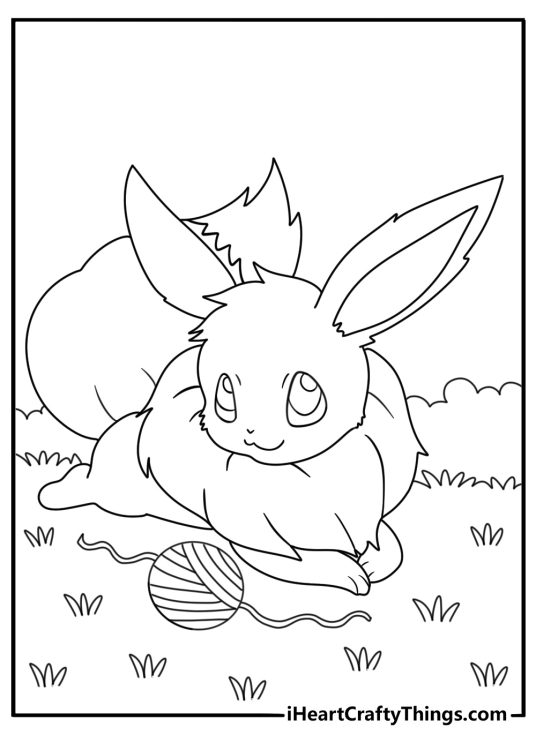 Printable coloring page of Eevee playing with a yarn ball