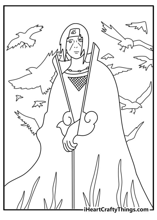 Printable coloring page of Itachi with crows flying around him