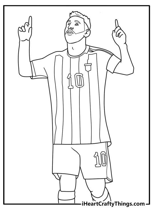 Printable coloring page of Messi pointing to the sky after a goal