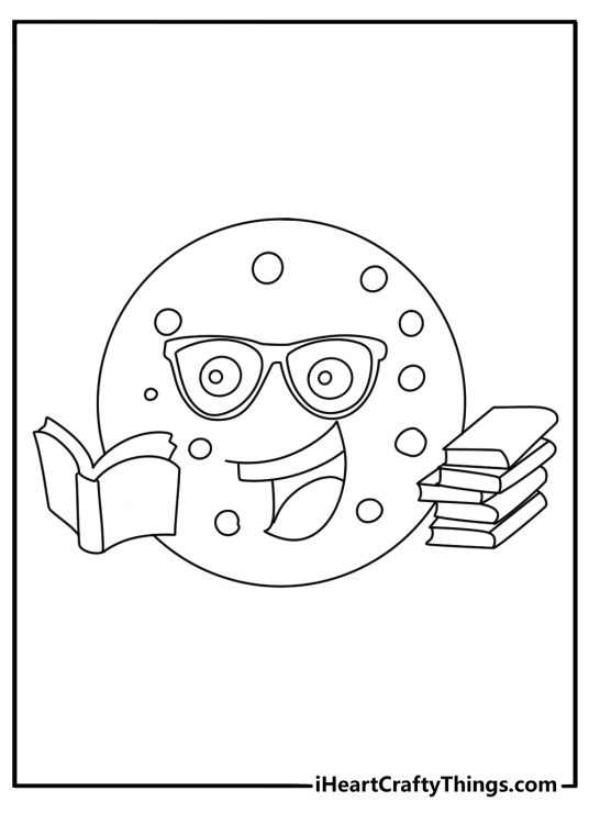 Printable coloring page of a smart cookie wearing glasses beside books