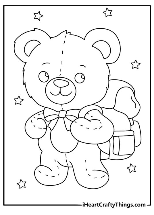 Printable coloring page of a teddy bear carrying a small backpack