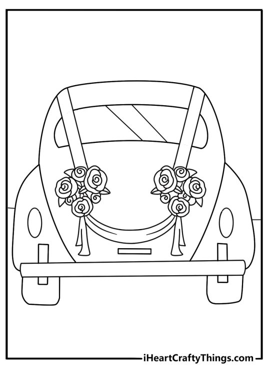 Printable coloring page of a wedding car decorated with ribbons