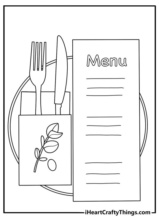 Printable coloring page of a wedding menu card beside folded napkins