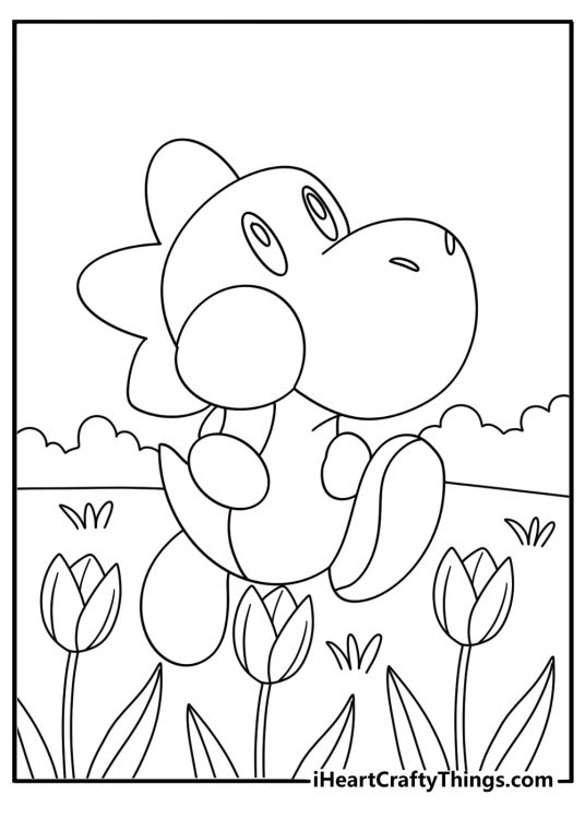 Printable coloring page showing Yoshi near a row of tulips