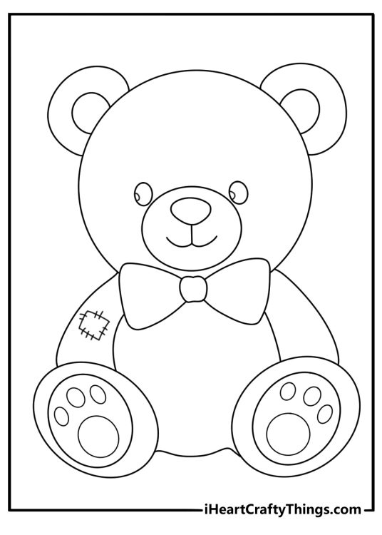 Printable coloring pdf of a cute smiling Teddy Bear with a bow and a patch on his left arm
