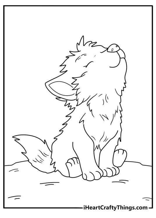 Printable coloring picture for children featuring close up of a cheerful and fluffy wolf pup