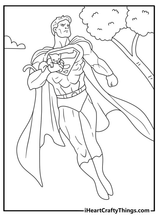 Printable coloring picture of Superman rescuing a cat from a tall tree