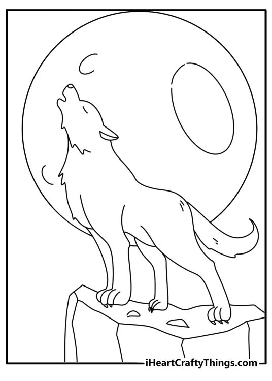 Printable coloring sheet for children featuring wolf howling at the moon while standing on a rock