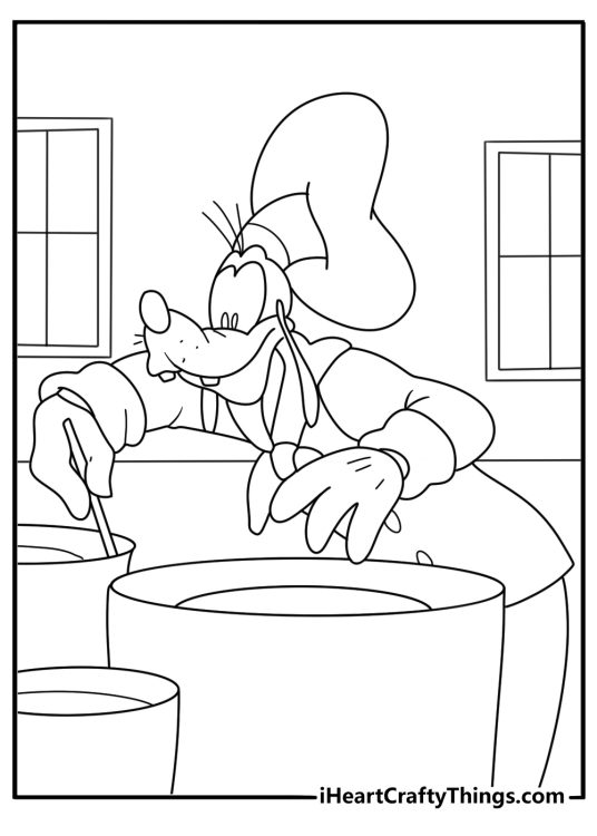 Printable coloring sheet of Goofy dressed as a chef stirring soup in a pot
