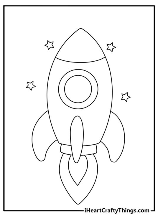 Printable coloring sheet of a rocket flying past stars