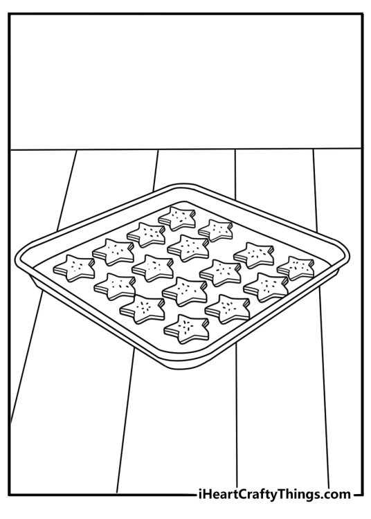 Printable cookie coloring page with star shaped sugar cookies on a tray