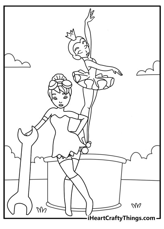 Printable fairy coloring page showing Tinker Bell fixing a broken music box