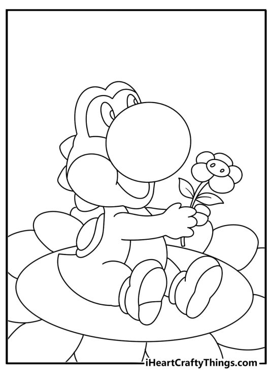 Printable game coloring sheet with Yoshi beside a flower ring