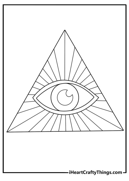 Printable outline tattoo coloring page with an eye inside a triangle