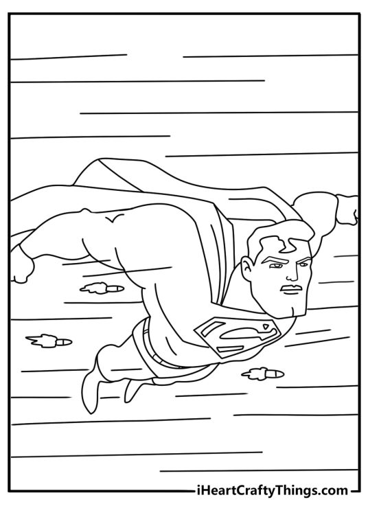 Printable page of Superman outrunning bullets with his cape trailing behind