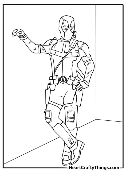 Printable realistic Deadpool coloring page with battle suit straps and utility pouches