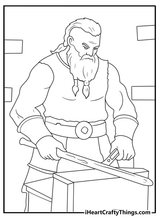 Printable sheet of blacksmith forging sword inside Viking village