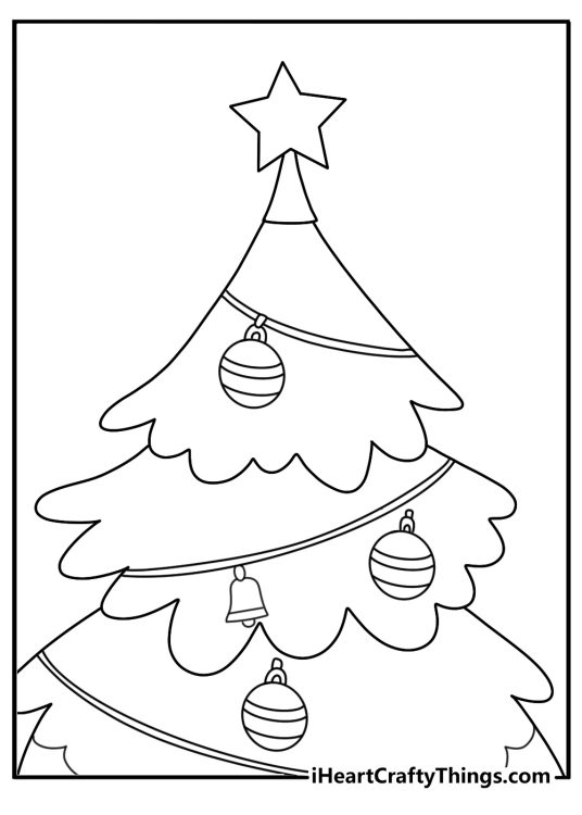 Printable star coloring sheet with a Christmas tree topper above pine branches