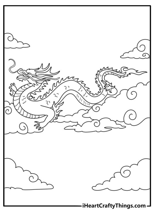 Printable tattoo coloring page for adults with a dragon winding through clouds
