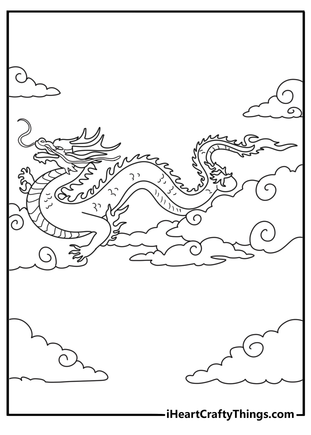 Printable tattoo coloring page for adults with a dragon winding through clouds