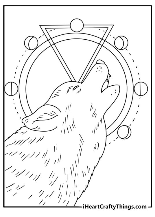 Printable tattoo coloring sheet of a wolf head with moon phases