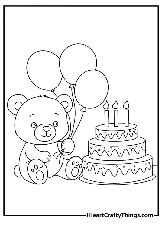 Printable teddy bear coloring page with a bear beside a birthday cake
