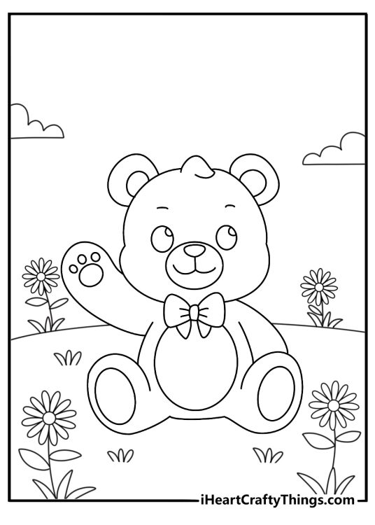 Printable teddy bear coloring page with a bear in a flower garden