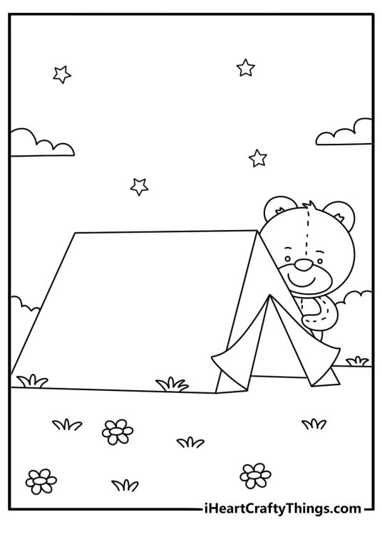 Printable teddy bear coloring page with a teddy bear camping near a tent