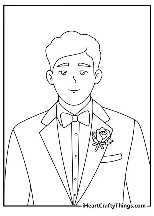 Printable wedding coloring page with a groom boutonniere beside cufflinks