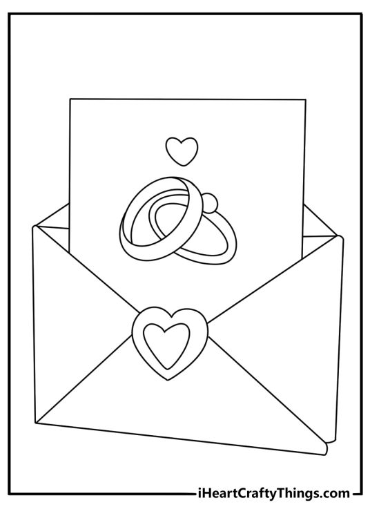 Printable wedding coloring page with a wedding invitation and envelope