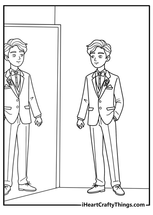 Printable wedding coloring sheet with a groom standing beside a mirror