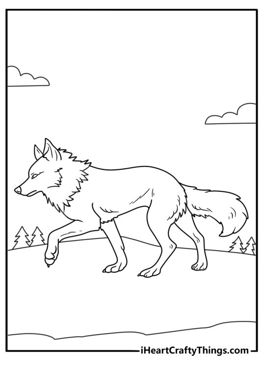 Printable wolf coloring sheet with gray wolf crossing shallow stream