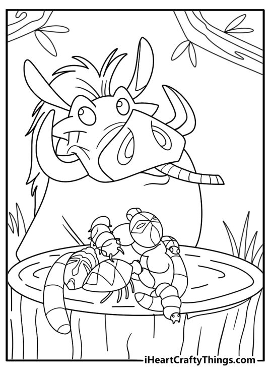 Pumba trotting through jungle with bugs trailing cute Lion King coloring pdf for kids