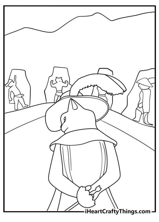 Puss in Boots coloring page counting nine lives icons around him