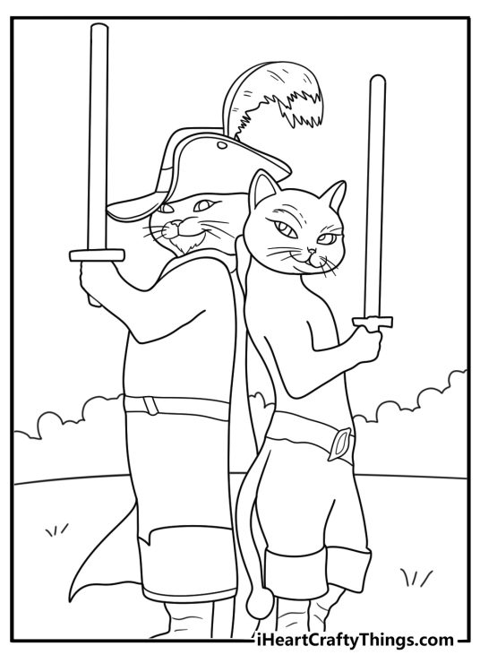 Puss in Boots coloring page training with Kitty Softpaws using wooden practice swords