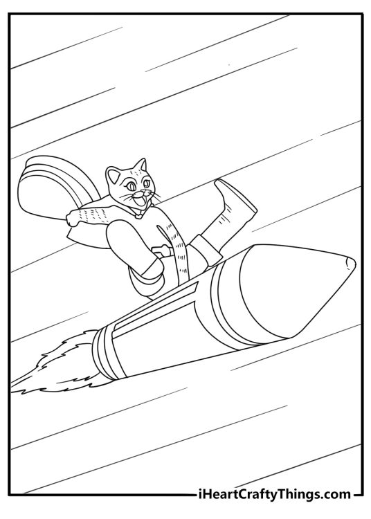 Puss in Boots coloring sheet riding inside a hat on a speeding cart