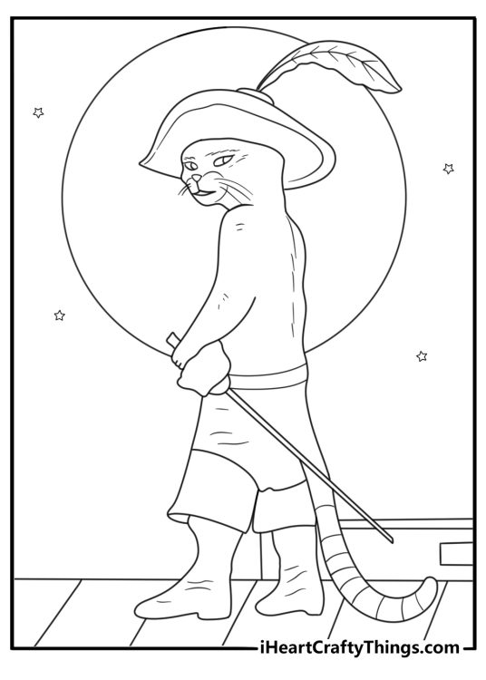 Puss in Boots detailed coloring picture standing on a rooftop under a full moon