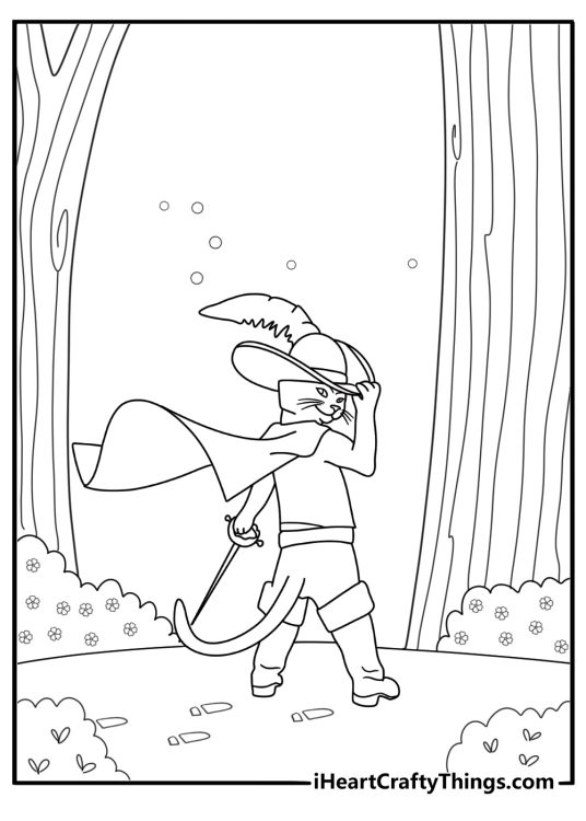 Puss in Boots detailed coloring sheet exploring an enchanted forest with the wishing star glowing
