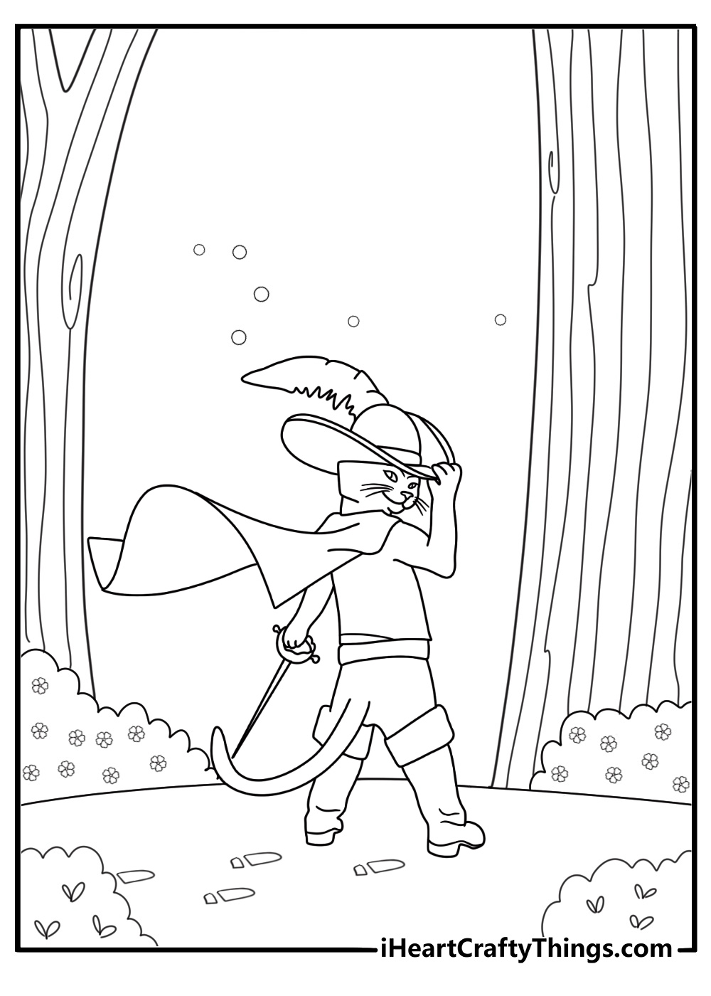 Puss in Boots detailed coloring sheet exploring an enchanted forest with the wishing star glowing