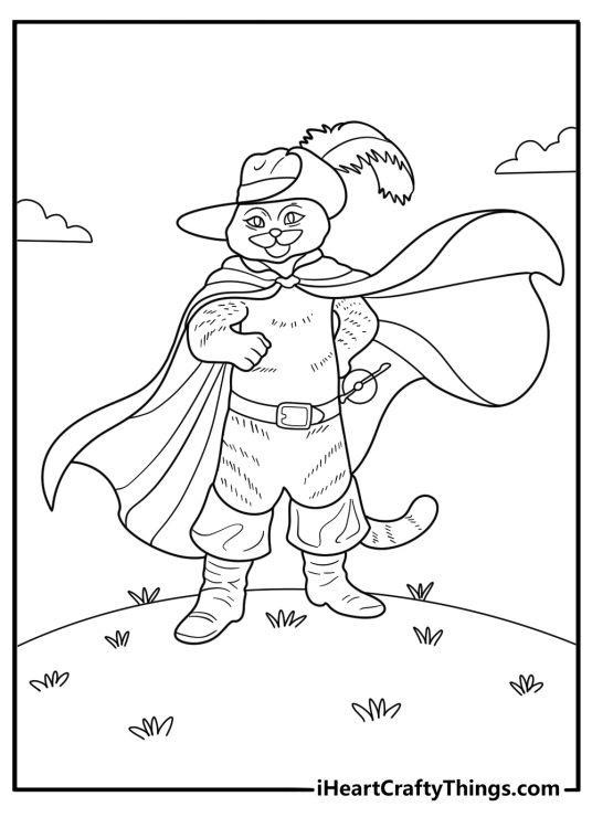 Puss in Boots download pdf coloring page relaxing with cape spread on a windy cliff