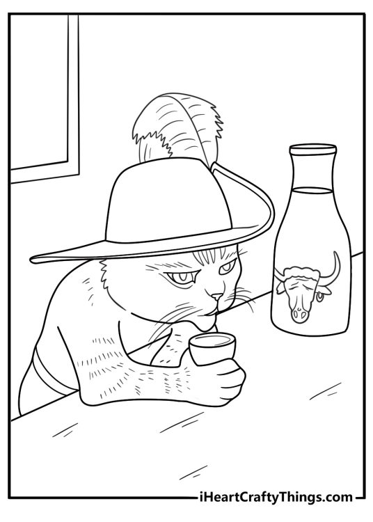 Puss in Boots easy coloring page drinking a bowl of milk at a table